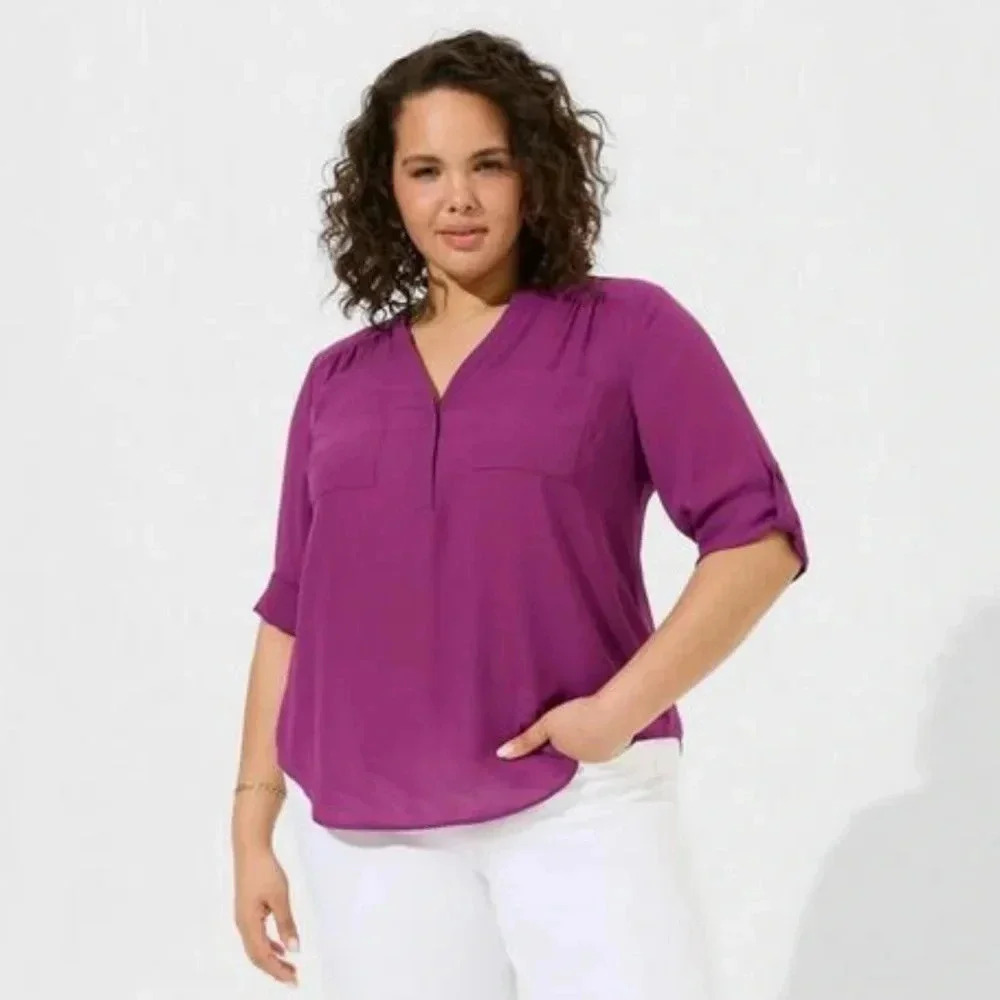 torrid Purple V-Neck Roll-Sleeve Blouse